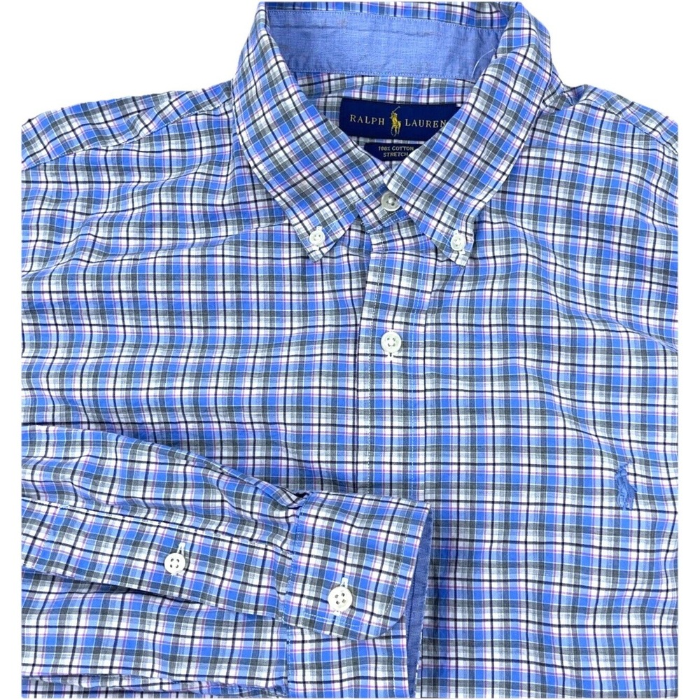 Ralph Lauren Shirt Men XL Blue Pink Plaid Button Up Dress Stretch Cotton Poplin